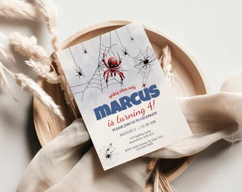 Spidey Vibes Birthday Invitation: Spider Web Party, Red & Blue (Editable Template)