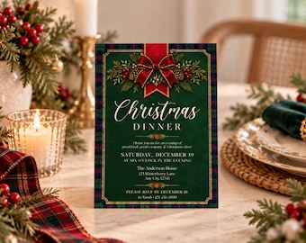 May include: A rectangular Christmas dinner invitation card featuring a dark green background with a red plaid border. The top displays a red ribbon bow with pinecones and holly. Text reads: Christmas DINNER, Saturday, December 19, at six o'clock.