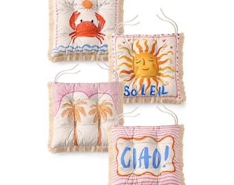 Coastal Chair Cushions, Set of 4 Fringed Puffy Seat Cushions, Crab Sun Palm Tree Ciao Italian Summer Decor