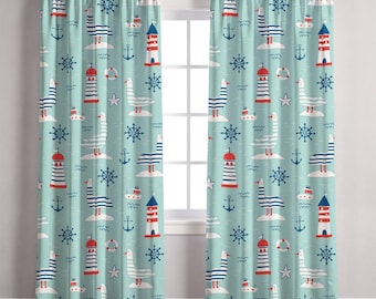 Nautical Kids Curtains for Nursery, Coastal Ocean Style Baby Room Window Drapes