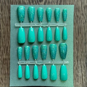 Green with some green sparkly long coffin press ons nails - hand painted