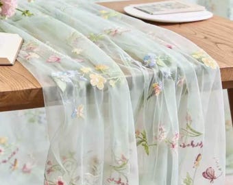 Floral Embroidered Tulle Table Runner | Blue, Green and Beige Wedding Table Decor | Elegant Bridal Shower, Baby Shower & Reception Decor