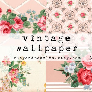 May include: A digital collage of four vintage wallpaper patterns featuring pink and white floral designs. The patterns include a pink and white floral design with a geometric pattern, a pink and white floral design with a damask pattern, a pink and white floral design with a striped pattern, and a pink and white floral design with a solid background. The text "vintage wallpaper" is printed in black on a white background in the center of the collage. The text "rubyandpearlx.etsy.com" is printed in black on a white background below the text "vintage wallpaper". The text "NO. 31" is printed in black on a white background in the bottom right corner of the collage.
