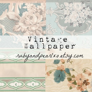 Könnte beinhalten: Vintage-Tapete mit floralen Mustern in Blautönen, Grün- und Rosatönen. Die Tapete ist mit "Vintage Wallpaper" und "rubyandpearlxo.etsy.com" sowie der Nummer "NO.19" beschriftet.