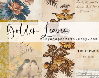 May include: A collage of vintage images featuring floral patterns, handwritten text, and a title that reads "Golden Leaves". The text "rubyandpearlxo.etsy.com" is also included in the image.