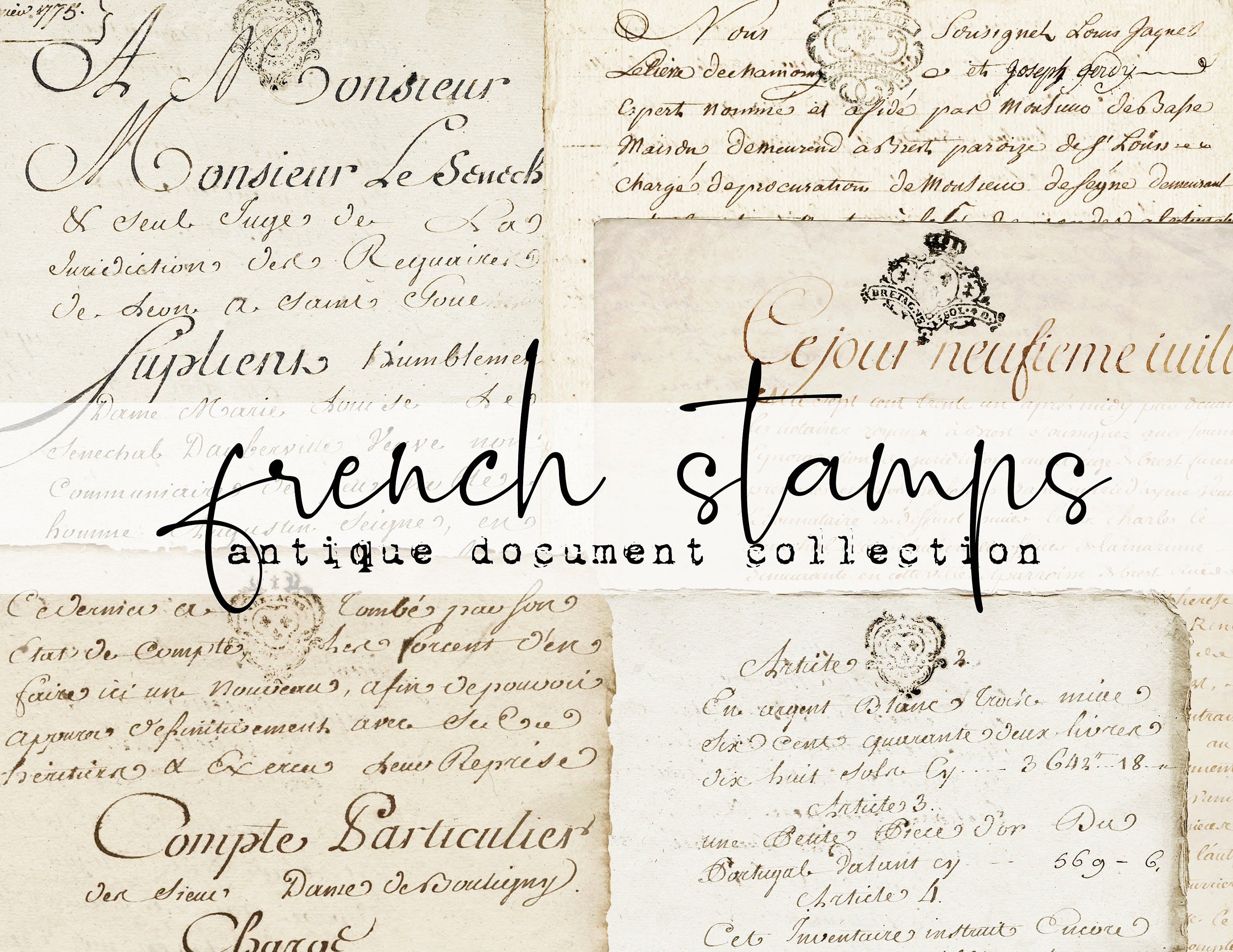 French Stamps & Script Antique Document Collection Digital Etsy