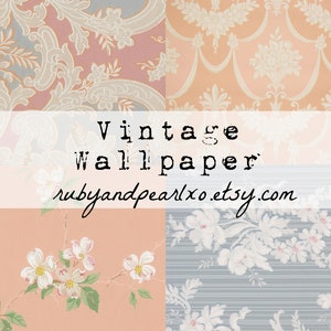 May include: Four different patterns of vintage wallpaper in peach, grey, and white. The patterns include floral, damask, and geometric designs. The text "Vintage Wallpaper" and "rubyandpearlxo.etsy.com" is printed on a white banner across the middle of the image. The number "NO. 18" is printed in the bottom right corner.