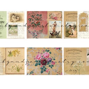 May include: A collage of vintage ephemera featuring botanical illustrations, floral patterns, and antique photographs. The color palette includes soft greens, pinks, and creams, with handwritten script accents. The word "Catalogue" is visible.