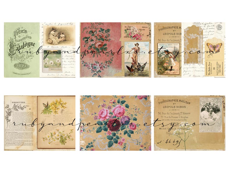 May include: A collage of vintage ephemera featuring botanical illustrations, floral patterns, and antique photographs. The color palette includes soft greens, pinks, and creams, with handwritten script accents. The word "Catalogue" is visible.