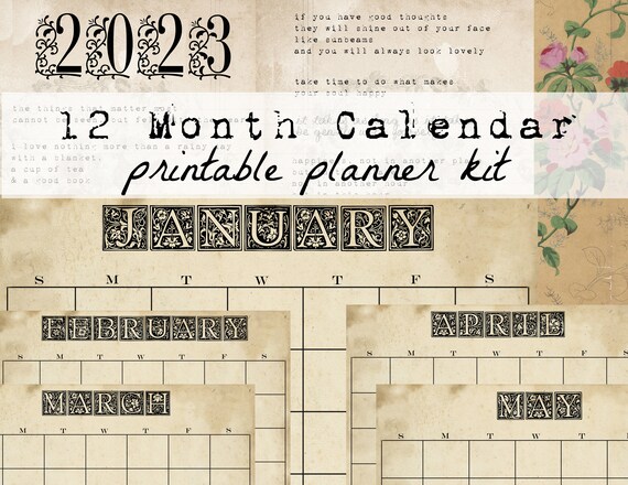 12 Month Printable Calendar Kit 2023 12 Months of Year - Etsy
