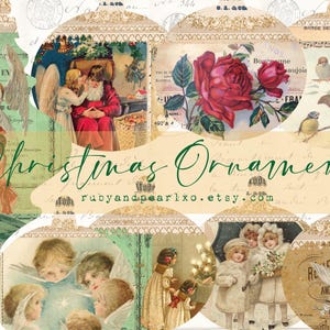 Puede incluir: Un collage de adornos navideños vintage con varios diseños. Los adornos presentan imágenes de ángeles, Papá Noel, rosas rojas, pájaros y niños. El texto "Christmas Ornaments" está escrito en verde, y el nombre de la tienda Etsy es visible.