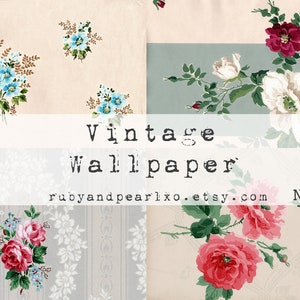 Può includere: Carta da parati vintage con un motivo floreale con rose rosa e bianche, fiori blu e foglie verdi su uno sfondo crema. Il testo "Vintage Wallpaper" e "rubyandpearlixo.etsy.com" è stampato su uno striscione bianco al centro dell'immagine. Il testo "No. 23" è stampato nell'angolo in basso a destra.
