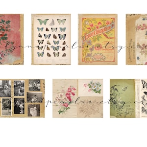 May include: A collection of vintage ephemera featuring botanical illustrations, butterfly prints, and antique photographs. The items have a distressed, aged appearance with faded colors and floral patterns. The text "rubyandpearlxo.etsy.com" is visible.