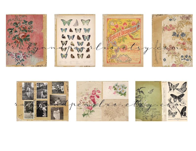 May include: A collection of vintage ephemera featuring botanical illustrations, butterfly prints, and antique photographs. The items have a distressed, aged appearance with faded colors and floral patterns. The text "rubyandpearlxo.etsy.com" is visible.