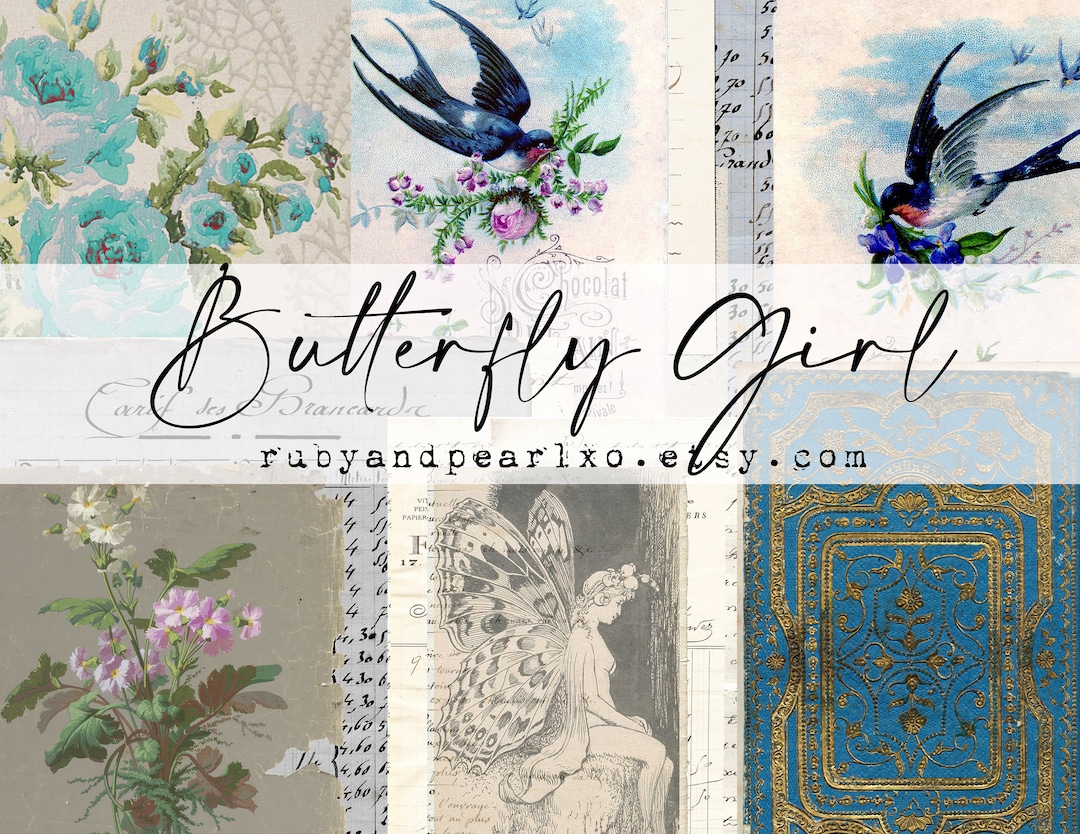 Butterfly Girl Vintage Paper Collection Digital Download Antique Papers Printables for
