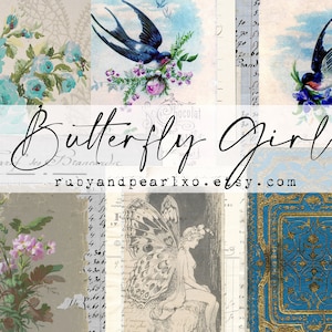 Schmetterling Mädchen Vintage Papier Kollektion - Digitaler Download - Antike Papiere - Ausdrucke für Journaling und Kunst
