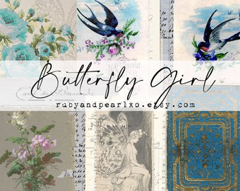 Butterfly Girl Vintage Paper Collection - Digital Download - Antique Papers - Printables for Journaling and Art