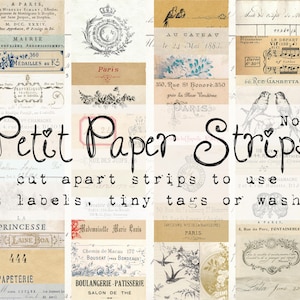 Puede incluir: Una colección de tiras de papel de estilo vintage con diversas tipografías francesas, ilustraciones florales, motivos de aves y diseños de documentos históricos en tonos beige, crema y negro con el texto Petit Paper Strips No. 2.
