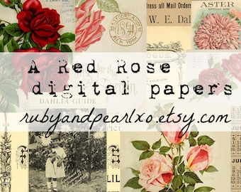 May include: A collage of vintage images featuring red roses, a child, and text that reads "A Red Rose digital papers rubyandpearlxo.etsy.com".