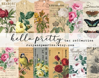 Hello Pretty Tag Collection - kit numérique - Junk journal - 24 étiquettes collées imprimables