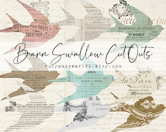 May include: Digital paper pack featuring a collage of vintage paper textures with barn swallow silhouettes in various colors, including pink, blue, and brown. The text "Barn Swallow Cut Outs" and the website "rubyandpearlxo.etsy.com" are visible.