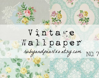 May include: Vintage wallpaper with a floral pattern in shades of yellow, pink, and green. The wallpaper has a light blue background with a delicate white pattern. The text "Vintage Wallpaper" is printed in black on a white background. The website address "rubyandpearlxo.etsy.com" and the number "NO.7" are also printed on the image.