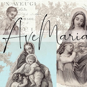 Könnte beinhalten: Eine Collage im Vintage-Stil mit religiösen Illustrationen und den Worten "Ave Maria" in handschriftlicher Schrift. Die Bilder zeigen Figuren im klassischen Stil, vor floralen und schriftlichen Hintergründen. Die Farbpalette besteht hauptsächlich aus gedämpften Blau-, Beige- und Schwarztönen.