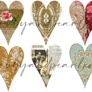 Peut inclure: Ensemble de six papiers num&eacute;riques en forme de c&oelig;ur avec des motifs vintage dans des tons d'or, de rouge, de bleu et de blanc. Les motifs comprennent des motifs floraux, des motifs damass&eacute;s et du texte.