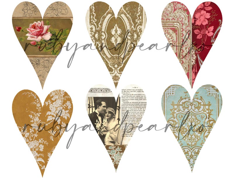 Peut inclure: Ensemble de six papiers num&eacute;riques en forme de c&oelig;ur avec des motifs vintage dans des tons d'or, de rouge, de bleu et de blanc. Les motifs comprennent des motifs floraux, des motifs damass&eacute;s et du texte.
