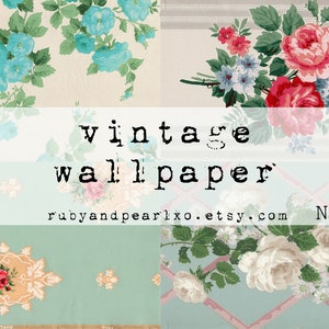May include: Four vintage floral wallpaper patterns. The top left pattern features blue flowers on a cream background. The top right pattern features pink and white flowers on a white and gray striped background. The bottom left pattern features a red rose in a gold and white design on a light blue background. The bottom right pattern features white roses on a light blue background with a pink and white striped pattern.