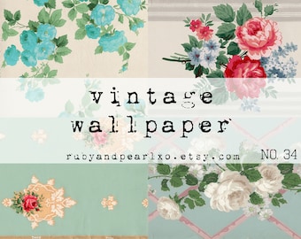 May include: Four vintage floral wallpaper patterns. The top left pattern features blue flowers on a cream background. The top right pattern features pink and white flowers on a white and grey striped background. The bottom left pattern features a red rose in a gold and white design on a light blue background. The bottom right pattern features white roses on a light blue background with a pink and white striped pattern.