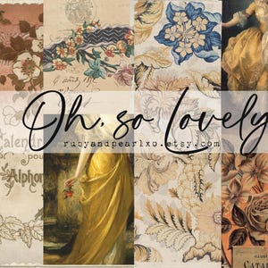May include: A collage of vintage-style illustrations featuring floral patterns, botanical sketches, and figures in period clothing. The text "Oh. so Lovely" and "rubyandpearlxo.etsy.com" is overlaid in black script and sans-serif font across the center.