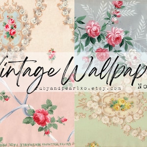 Op de afbeelding: Een collage van vintage behangstalen met bloempatronen in roze, rood en geel. De tekst "Vintage Wallpaper" is in een sierlijk lettertype geschreven, met de Etsy shop URL en "No. 40" ook zichtbaar.