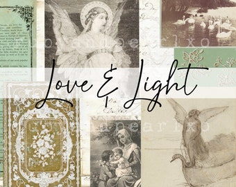 May include: A collage of vintage images with a light green, white, and gold background. The images include an angel, a swan, a woman with a child, and a floral pattern. The text "Love & Light" is written in black cursive across the center of the collage.