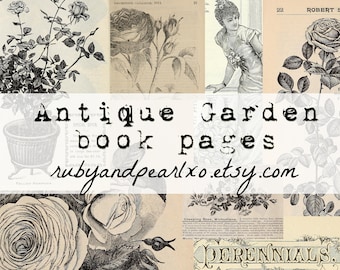 May include: A collage of antique garden book pages featuring black and white illustrations of roses, a woman in a dress, and text that reads "Antique Garden book pages rubyandpearlxo.etsy.com".