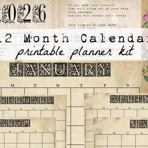 Kit de calendrier imprimable 12 mois - 2026 - 12 mois de l'année - style vintage - journal indésirable - agenda - Bullet Journal