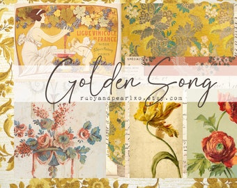Op de afbeelding: Een collage van vintage afbeeldingen met bloemmotieven, een vrouw in een vintage jurk en een gele tulp. De tekst "Golden Song" is geschreven in cursief schrift met de website "rubyandpearlx.etsy.com" eronder.