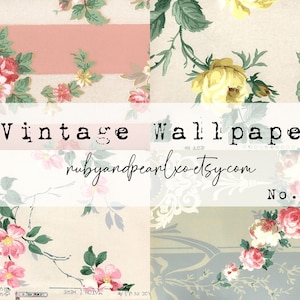 Op de afbeelding: Vintage behang met een bloemenpatroon met roze en gele rozen op een crèmekleurige achtergrond. De tekst "Vintage Wallpaper" en "rubyandpearlxo-etsy.com" staat op de afbeelding gedrukt. Het nummer "No. 36" staat ook op de afbeelding gedrukt.