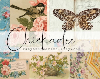Op de afbeelding: Een collage van vintage afbeeldingen met een vogel, een vlinder, bloemen en een mand met bloemen. De tekst "Chickadee rubyandpearlxo.etsy.com" wordt in het midden van de afbeelding weergegeven.