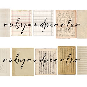 May include: A set of 10 digital paper textures in various styles, including graph paper, ledger paper, music sheets, and patterned paper. The papers are in shades of beige, brown, and white. The text "rubyandpearlxo" appears on the image.