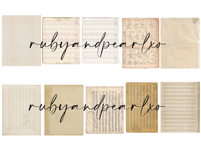 May include: A set of 10 digital paper textures in various styles, including graph paper, ledger paper, music sheets, and patterned paper. The papers are in shades of beige, brown, and white. The text "rubyandpearlxo" appears on the image.