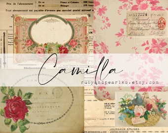 Camilla - Mini Vintage-collectie van 5 pagina's - Digitale downloadkit - Antieke papieren - Printables voor journaling en kunst