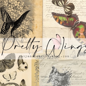 Może przedstawiać: Cyfrowy kolaż przedstawiający ilustracje różnych motyli w stylu vintage, elementy kwiatowe oraz odręczne pismo na teksturach postarzanego papieru. Tekst Pretty Wings oraz rubyandpearlxo.etsy.com jest nałożony na środek obrazu.