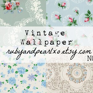 Könnte beinhalten: Vintage-Tapete mit vier verschiedenen Mustern. Die Muster umfassen einen hellblauen Hintergrund mit weißer Spitze, einen hellblauen Hintergrund mit rosa Rosen und weißen Spiralen, einen weißen Hintergrund mit blauen Blumen und einen weißen Hintergrund mit braunen und blauen Blumenmustern. Der Text "Vintage Wallpaper" und "rubyandpearlxo.etsy.com" ist in schwarzer Schrift dargestellt. Der Text "NO. 15" ist in schwarzer Schrift dargestellt.