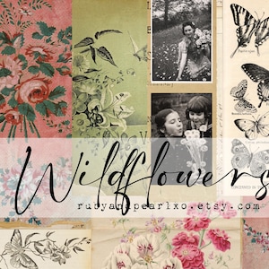 May include: A collage featuring floral patterns, vintage photographs, and butterfly illustrations. The word "Wildflowers" is written in a cursive font across the image, with the Etsy shop name at the bottom. The color palette includes pink, green, and cream.