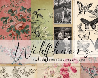 Wildflowers- Vintage Printable Collection - Digital Download - Antique Papers - Collage for Journaling and Art