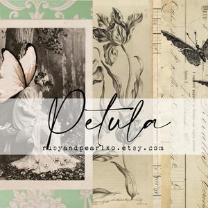 Puede incluir: Una hoja de collage digital con imágenes de estilo vintage que incluyen una fotografía en blanco y negro de una persona con alas de mariposa, ilustraciones botánicas de tulipanes, mariposas y texto de documentos antiguos. El texto Petula y rubyandpearlxo.etsy.com está superpuesto en fuentes negras de estilo script y sans-serif.