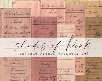 May include: A set of vintage French documents with handwritten text in shades of pink. The documents feature the text "Du 2. Janvier 1861." and "Vente" in cursive script. The documents are perfect for scrapbooking, card making, and other crafting projects.