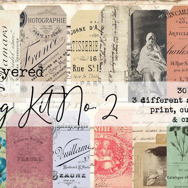 Nr. 2 Tag Kit- digitales Kit- Junk Journal- 30 druckbare Vintage Style Tags