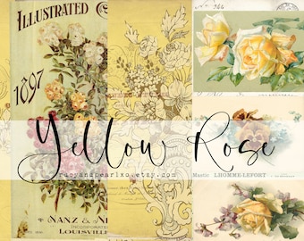 Rose jaune - collection imprimable vintage - téléchargement numérique - papiers anciens - collage pour la journalisation et l'art